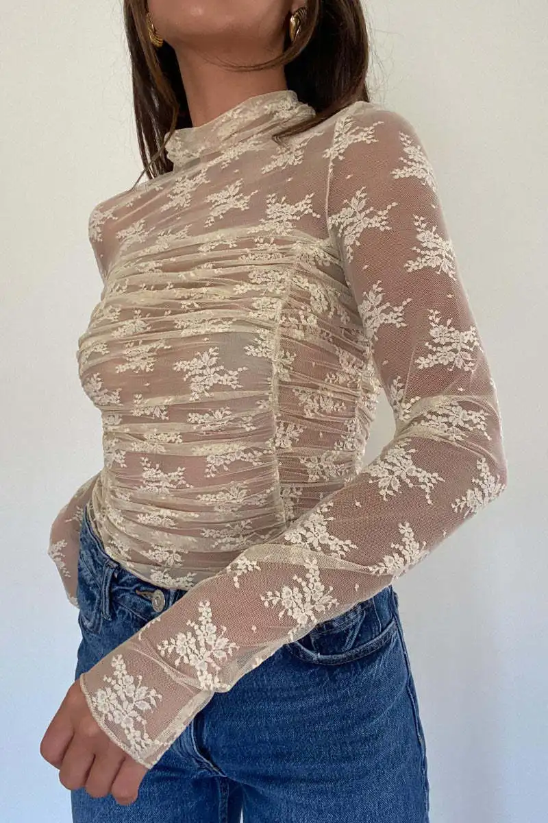 See-Through Lace Mesh T-shirt For Women Long Sleeve Printed Fashion Sexy Summer Contrast Pullover Female Slim Tee Top