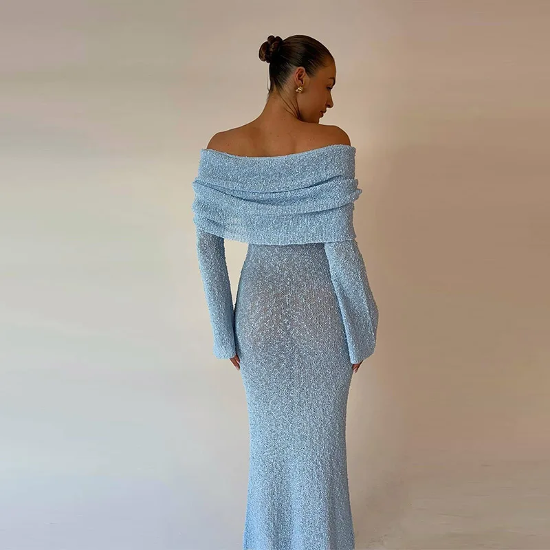 Beach Knitted Off The Shoulder Long Dress Women Slim Flare Sleeve Hollow Out Maxi Dresses 2025 Summer Lady Hip Package Robes