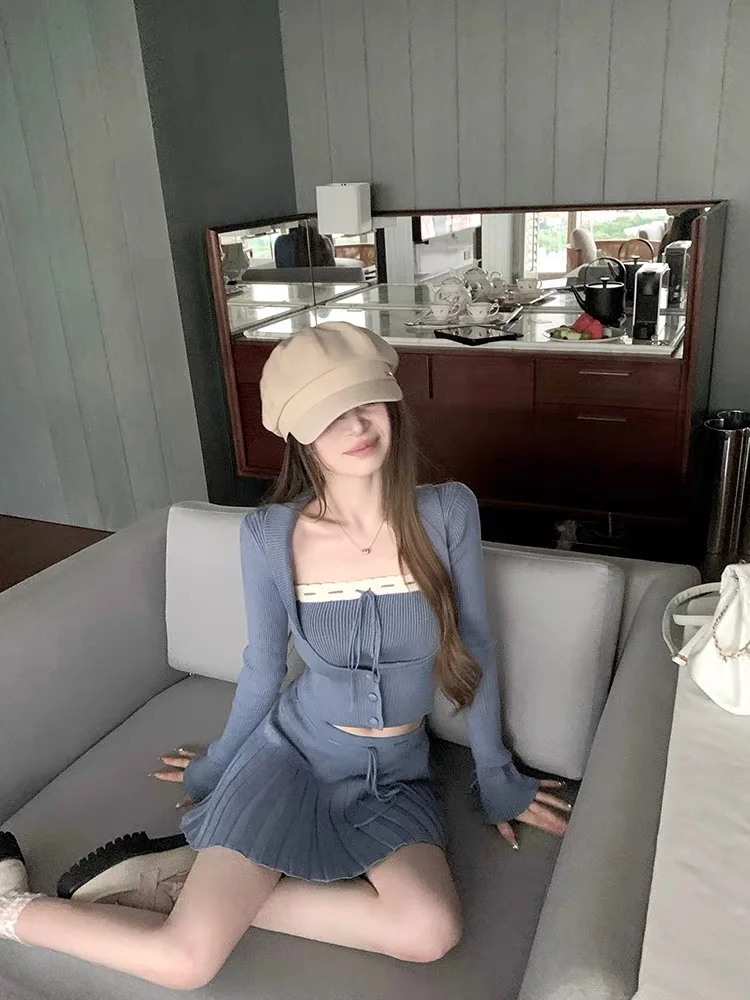 Solid Knitted Suit 3 Piece Set Woman Y2k Cropped Patchwork Vest + Slim Cardigan + Mini Pleated Skirt Autumn Korean Chic Outfits