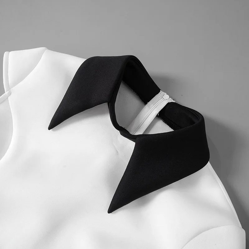 Summer Fashion Contrast Mini Dress For Women High Waist Patchwork Lapel Slim Elegant Dress Ladies Streetwear Mini Dress