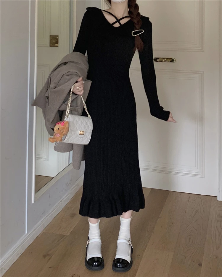 Autumn Knitted Dresses for Women Ruffles V-neck Solid Bodycon Casual Solid Midi Dress Korean Fashion Vestidos Mujer New Knitwear