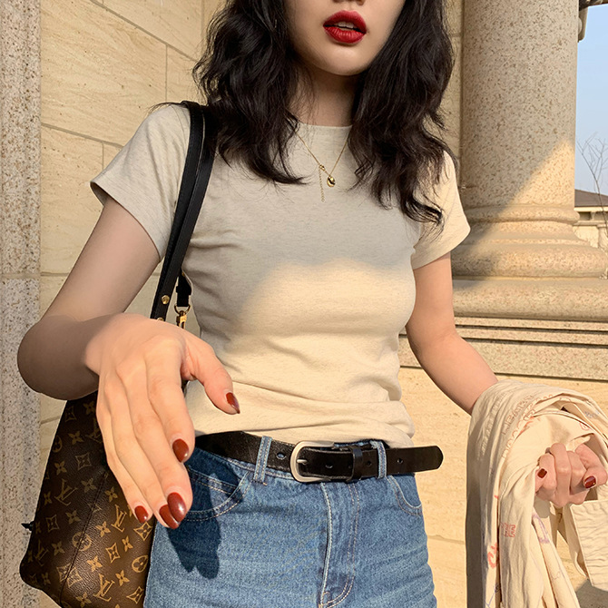 White T shirt Women Shoulder Short Sleeve Slimming round Neck Cotton Bandage Dress Bottoming Top