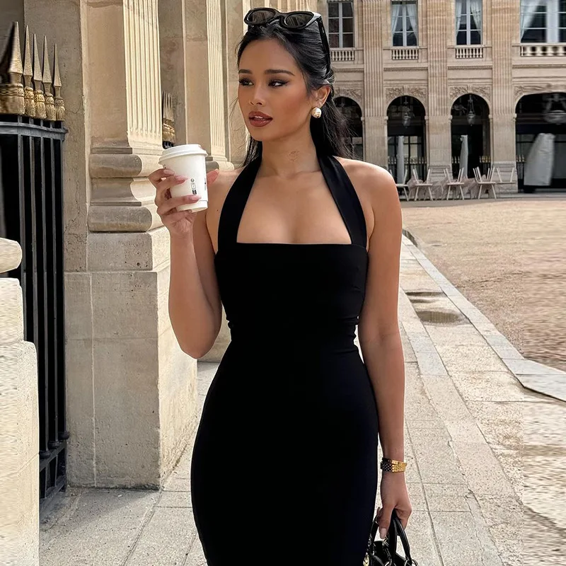 One-Shoulder Bodycon Black Evening Dress For Women Sexy Backless Sleeveless Neck-Mounted Long Party Dress Female Elegant