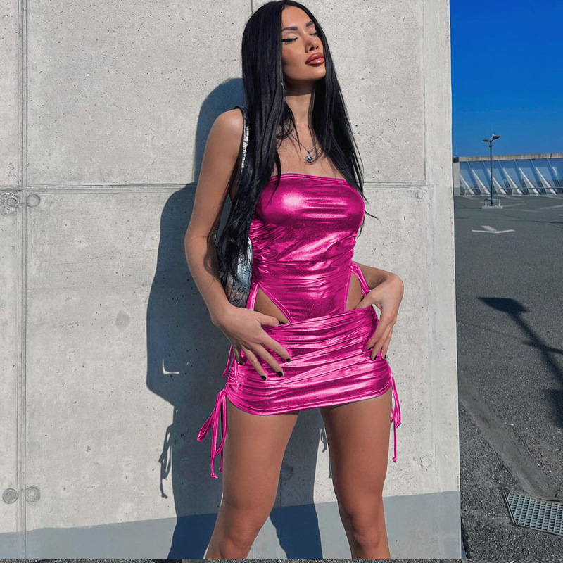 Metallic Coated Fabric Fall Women Clothing Drawstring Jumpsuit Drawstring Hip Skirt Women Suit