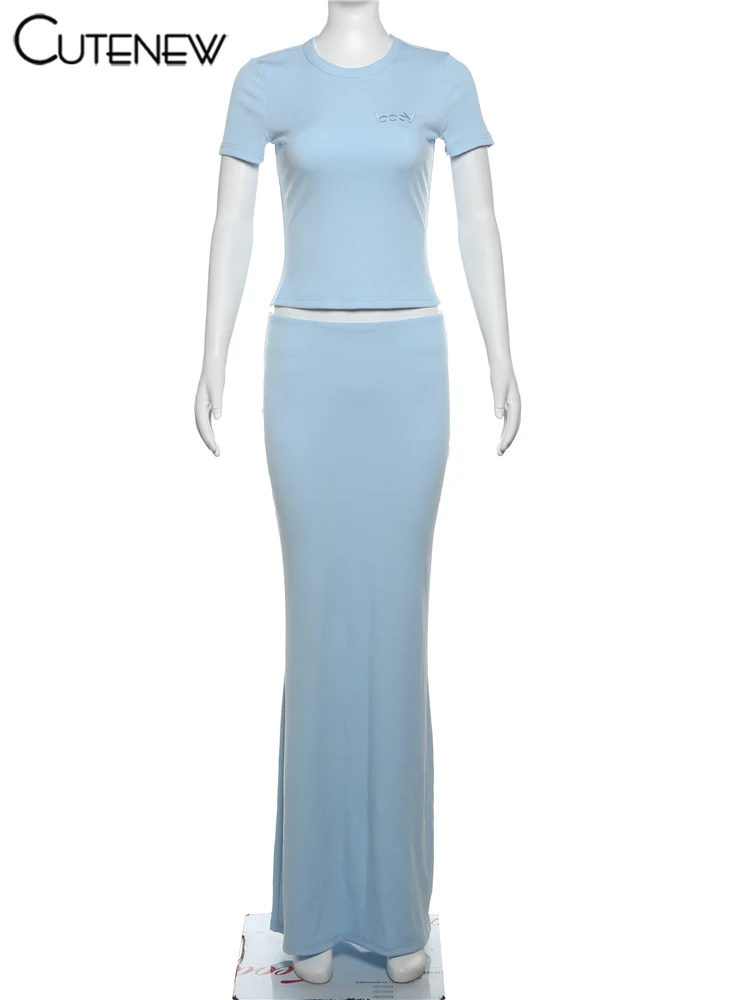 Casual Women Skirts Sets Concise Solid Short Sleeve O-neck Crop Tees+Matching Maxi Bottoms Female Trend Street 2 Piece