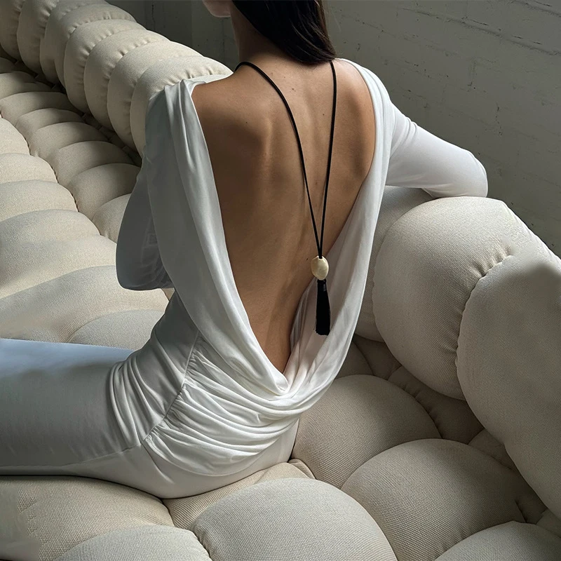 Women Backless Dress for Sexy Solid Color Round Neck Long Sleeve Ruched Bodycon Dresses Cocktail Party Dresses Clubwear