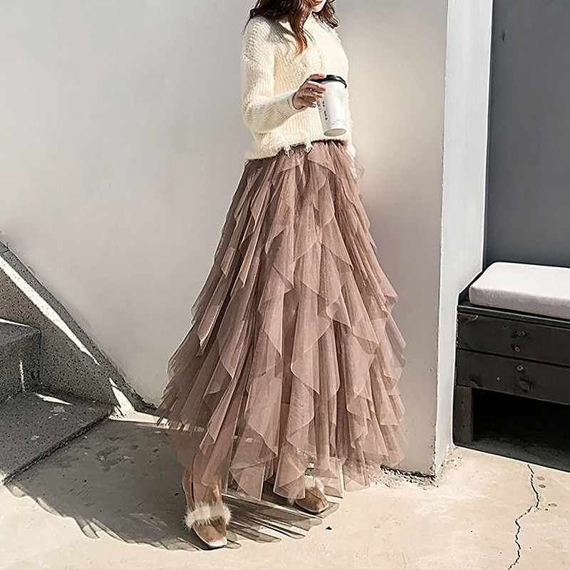 Autumn Winter Vintage Layered Tulle Skirt Women Elastic High Waist Mesh Skirts Long Pleated Tutu Skirt Jupe Longue