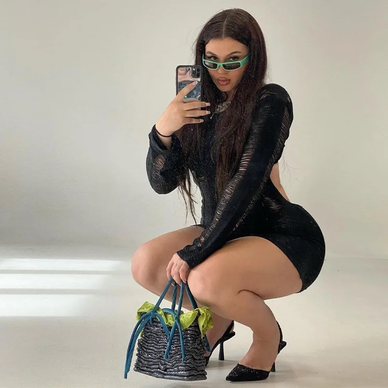 Sexy Sheer Knitted Dress Women Bodycon Long Sleeve Hollow Out Mini Dresses Femme Club Sexy Backless Knitwear Dress Womens