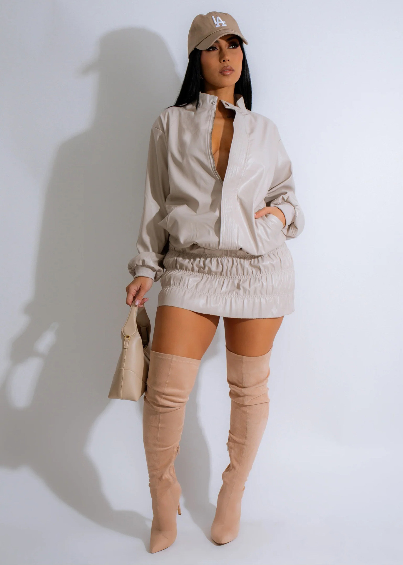 Autumn Winter Solid Color Long Sleeve Faux Leather Casual Wrinkle Removal Small Stand Collar Skirt Two Piece Sets