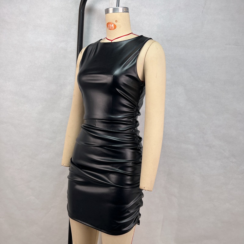 Slim Fit Sheath Dress Women Clothing Solid Color Sleeveless Pleated Waist Tight Slimming Leather Nightclub