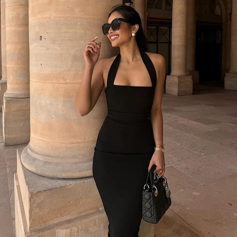 One-Shoulder Bodycon Black Evening Dress For Women Sexy Backless Sleeveless Neck-Mounted Long Party Dress Female Elegant
