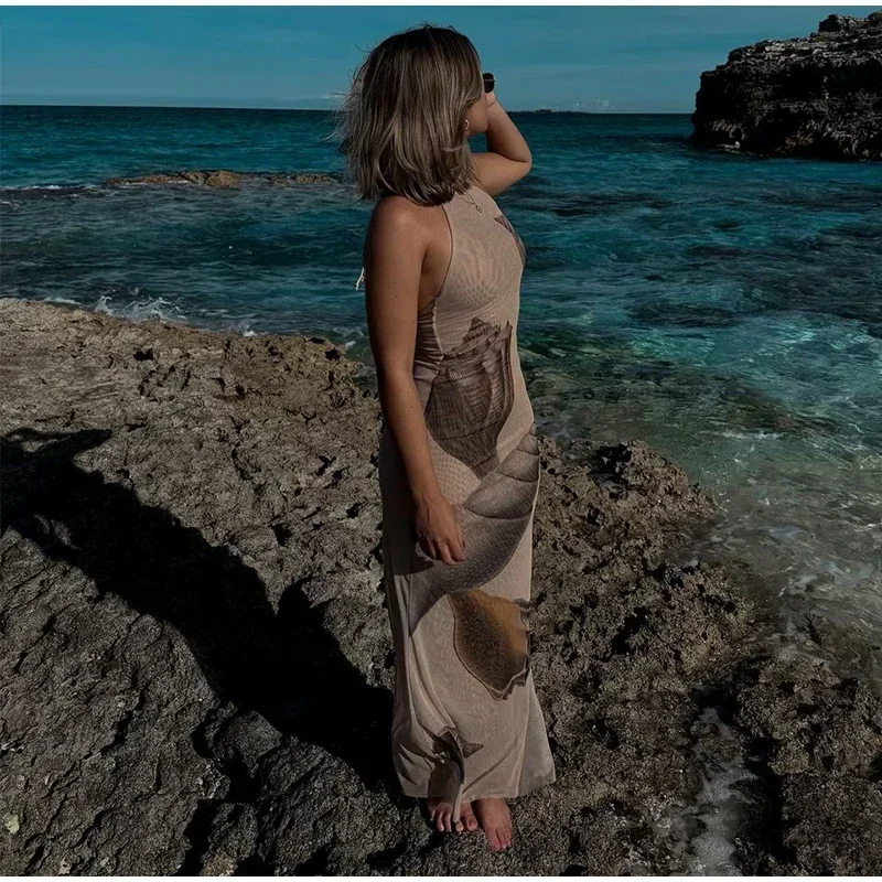 Print Backless Tulle Long Dresses For Women Halter Lace Up Sleeveless Holiday Dresses 2025 Fashion Slim Beach Vacation Robes