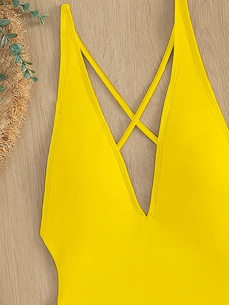 Sexy Deep V Neck One Piece Swimsuit Women Solid Yellow White Hollow Out Pleate Swimwear Beach Bandage Bathing Suit Monokini