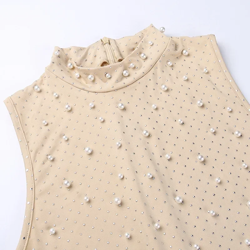 Bodycon Rompers Beading Playsuit Women Y2k Clothes Sleeveless Combinaison Femme Sexy Bodysuits O-Neck One Piece Club Outfit