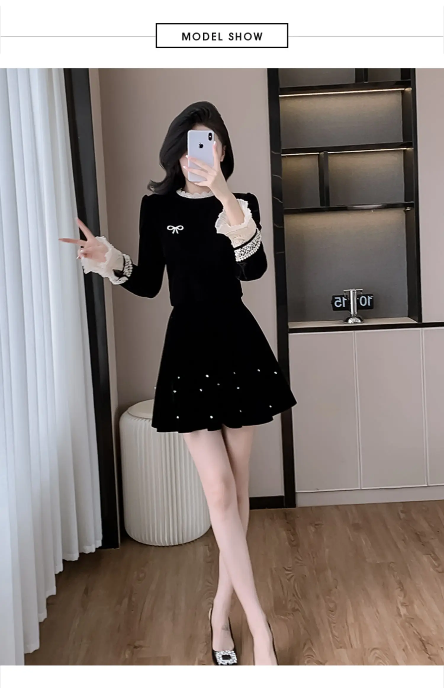 Autumn Elegant Velvet Two-piece Skirt Set Women Long Sleeve Lace Patchwork Crop Top Mini Skirt Korean Fashion Y2K Chic Outfits