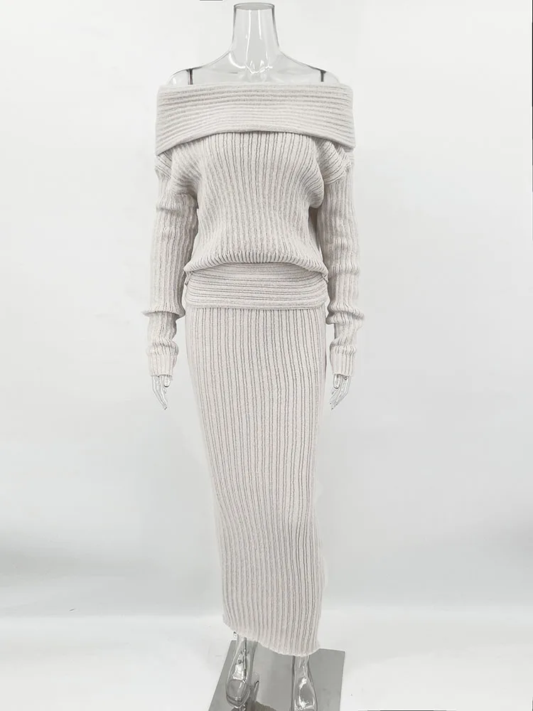 Knitted Skirt 2 Piece Set Women's One-Shoulder Long Sleeves Sweater Pullover Elegant Slim Fit Long Skirt Suit Autumn New