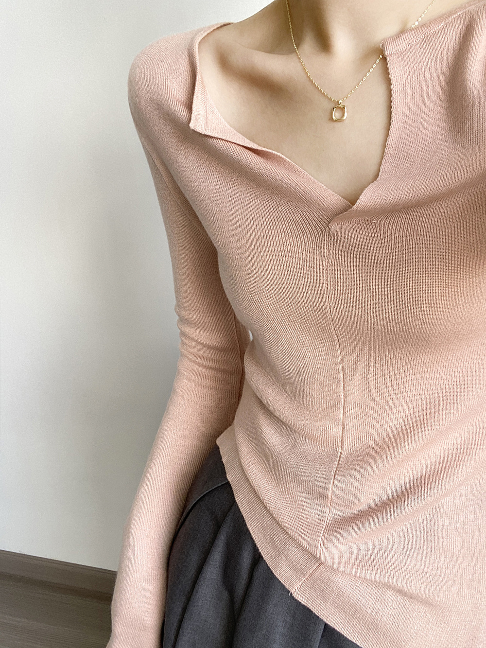 French V Neck Open Sweater Spring Inner Wear Elegant Slim Fit Long Sleeve Top