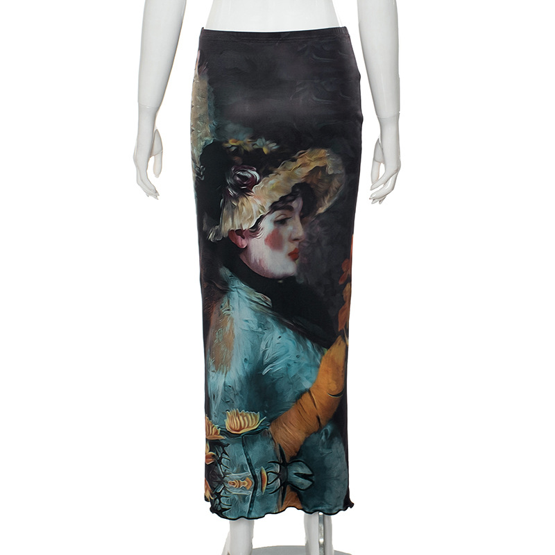 Girl Print Design Transparent Long Sleeves Cropped Top Long Skirt Women Suit