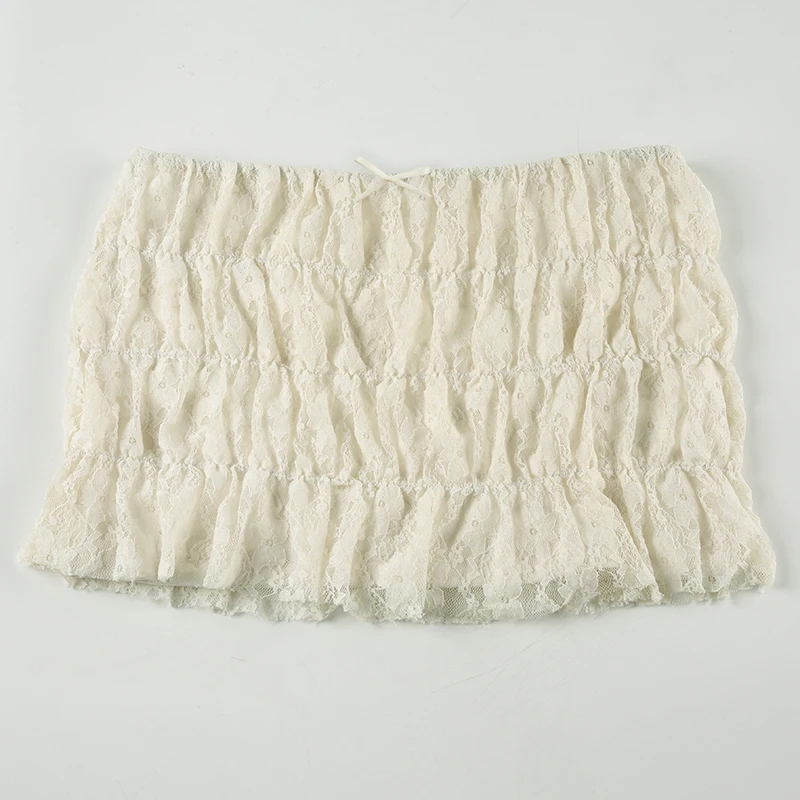 Sweet Cute Balletcore Women Mini Skirts Solid Lace Bow Ruched Cake Skirt Spring Summer Trendy Clothes