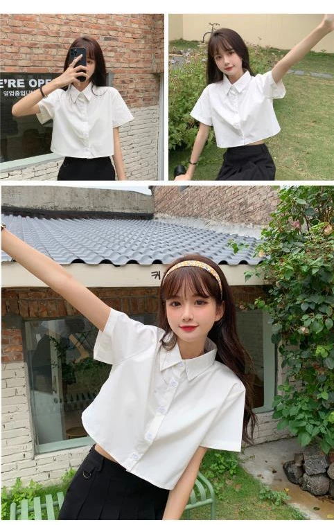 Oversize White Cropped Shirt Women Summer Short Sleeve Polo Neck Sweet Preppy Button Short Shirts Korean Female Blouses Blusa