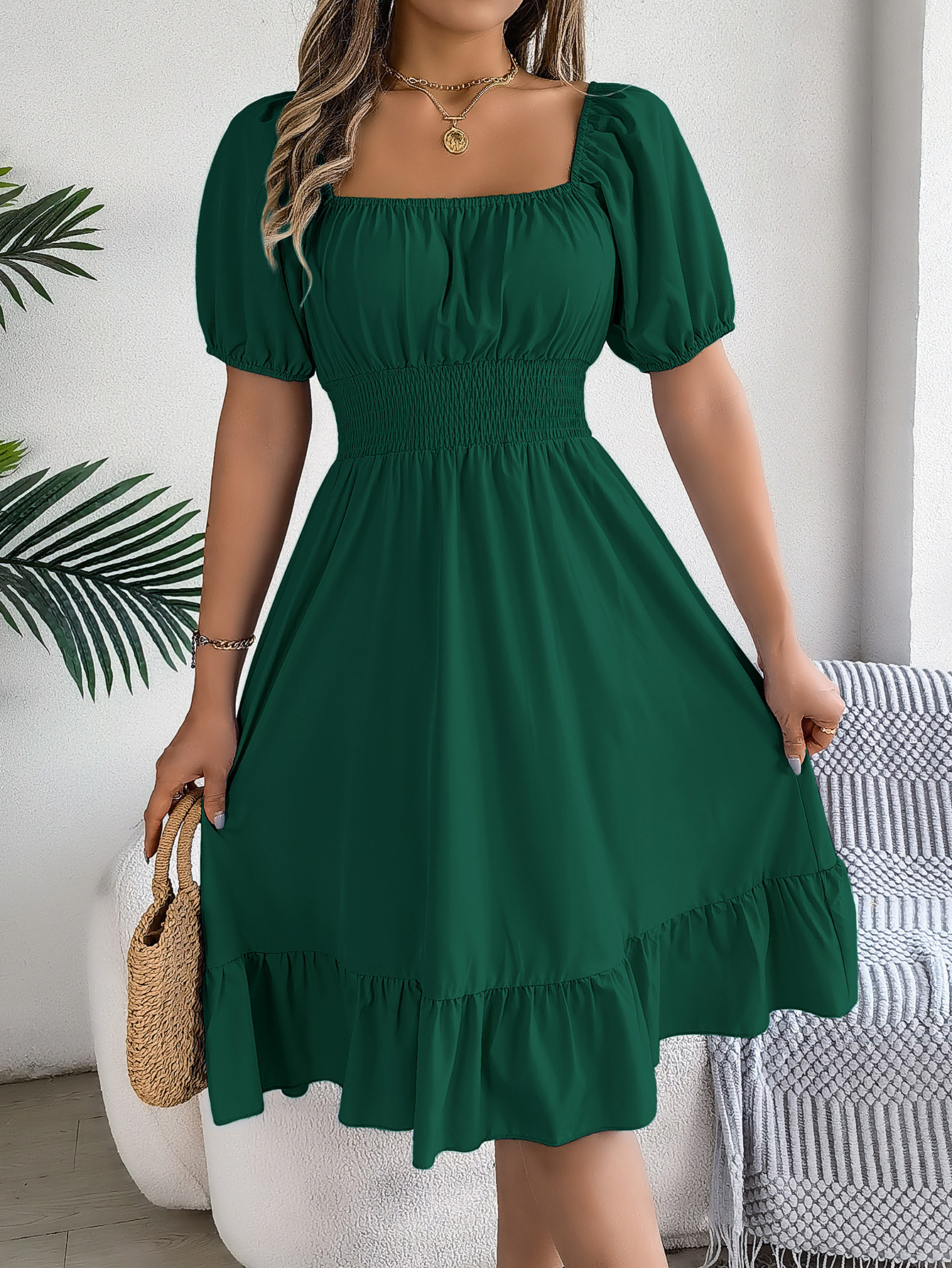 Spring Summer Casual Square Collar Short Sleeve Waist Trimming Ruffles A line Dress Women Clothing
