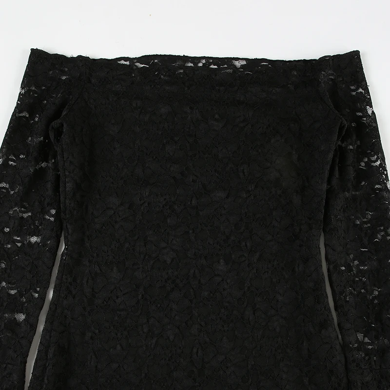 Lace Sheer Sexy Slim Fit Women��s Dress Flared Long Sleeves Slash Neck Black Mini Dress Fashion Trendy