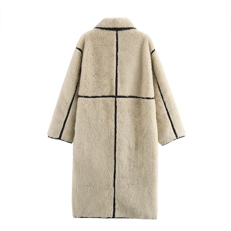 Fashion Beige Faux Fur Long Coat Women Winter Buttons Lapel Long Sleeve Lamb Fleece Jacket 2025 New Lady Loose Street Outerwear