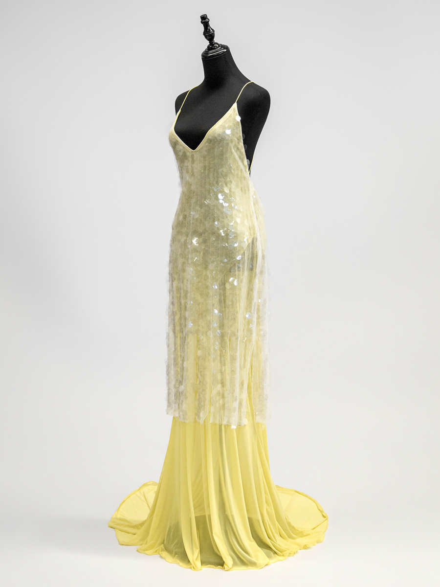Sequin Sheer Maxi Slip Dress for Women - Butter Yellow Boho Backless V Neck Mermaid Cut Evening Gown - Summer Beach 2026