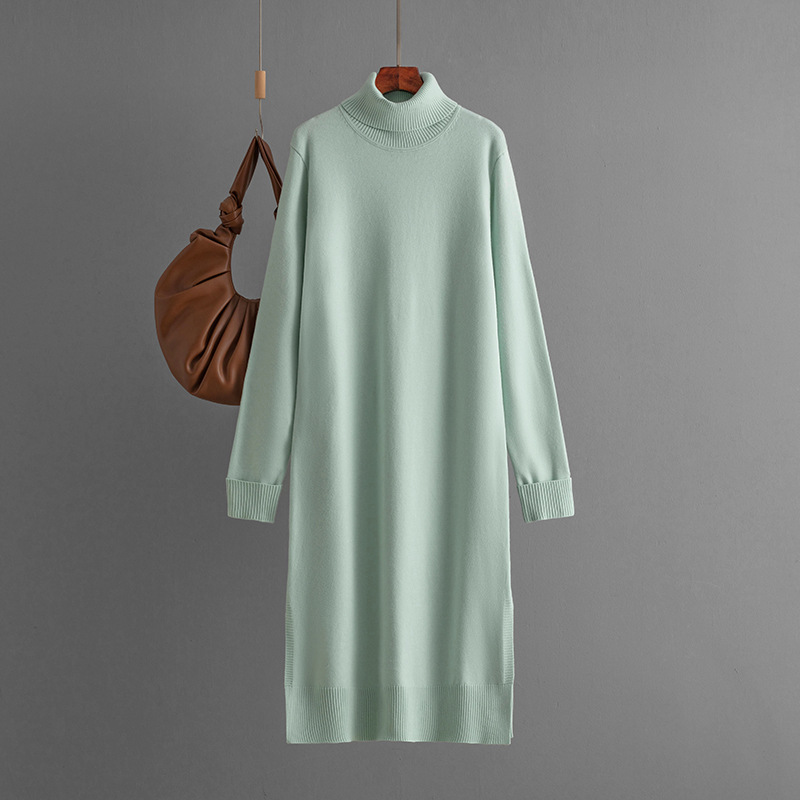 Women Clothing Autumn Winter Casual Solid Color Turtleneck Knitting Sweater Slit Bottoming Dress