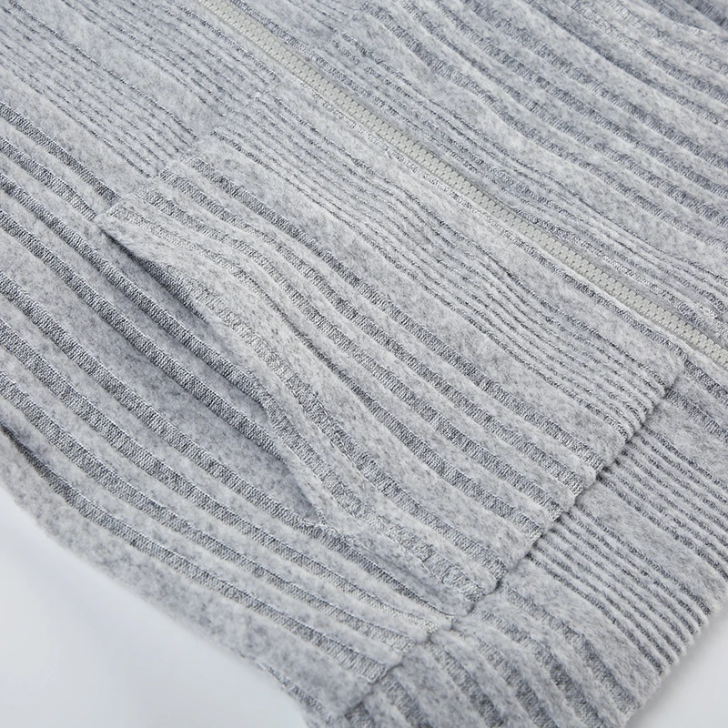 Gray Zip Up Knitted Hooded Jackets Women Pockets Details Solid Simple Basic Minimalist Slim Long Sleeve Hoodies Knitwear
