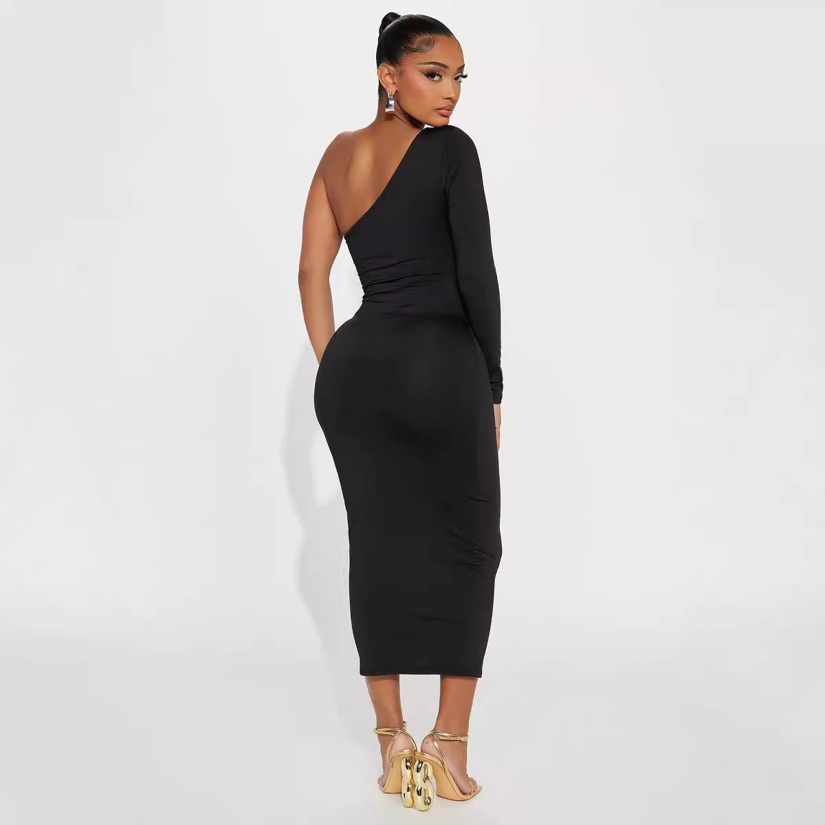 Women Clothing Sexy Cutout Metal Tube Slim Fit Maxi Dress Diagonal Collar Shoulder Sleeve Sheath Pencil Dress