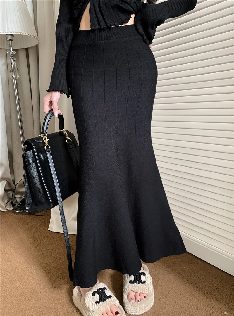 Autumn Winter Knitted 2-Piece Sets Women Ruffles Tops Bodycon Fishtail Skirt Slim Solid Knitwear Outfits Korean Fashion Suit