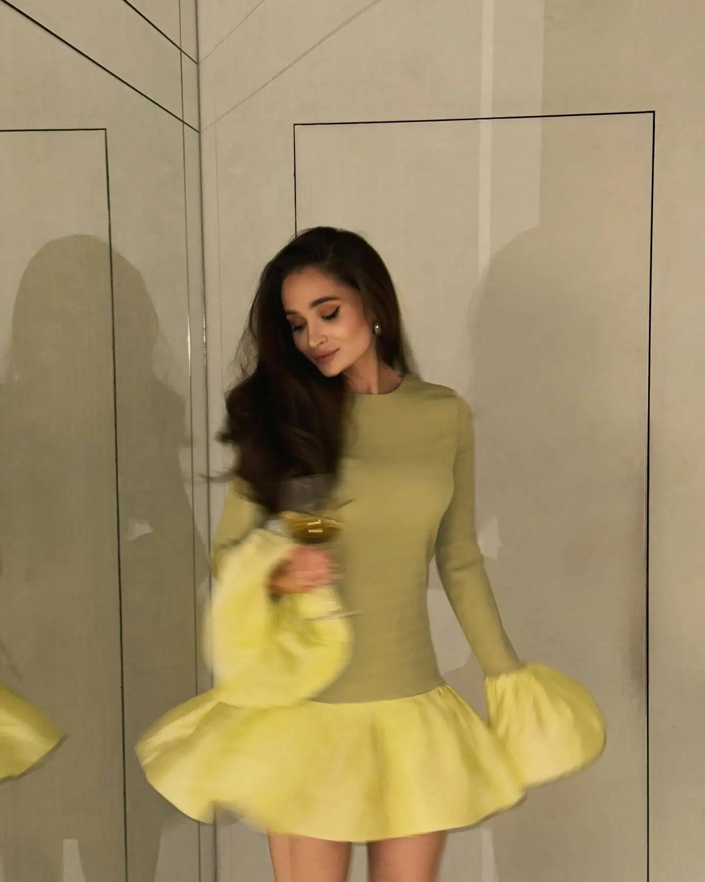 Knitted Mini Dress Female Long Sleeves Gown Flare Sleeves Spliced Autumn Winter Dress A-Line Sweet Bodycon Women Clothes
