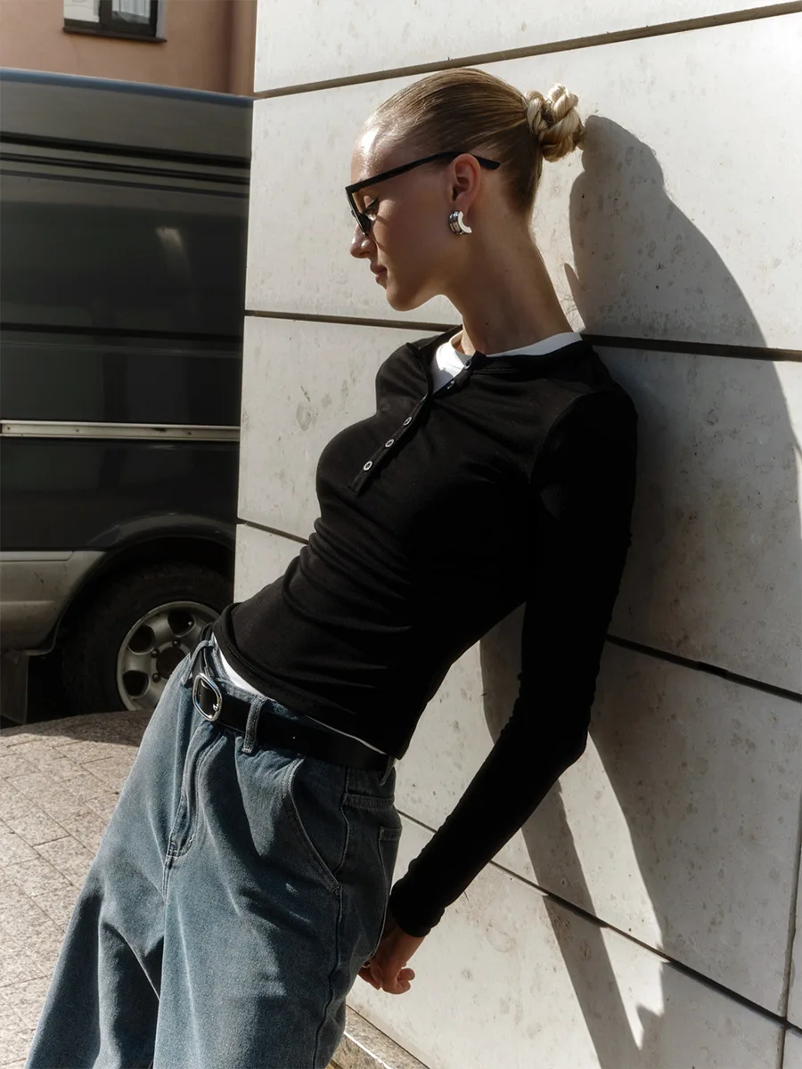 Spring Casual Patchwork T-shirt Pullover For Women Long Sleeve High Waist Inner Slim Y2k Top Clothes Female Solid Tee Top