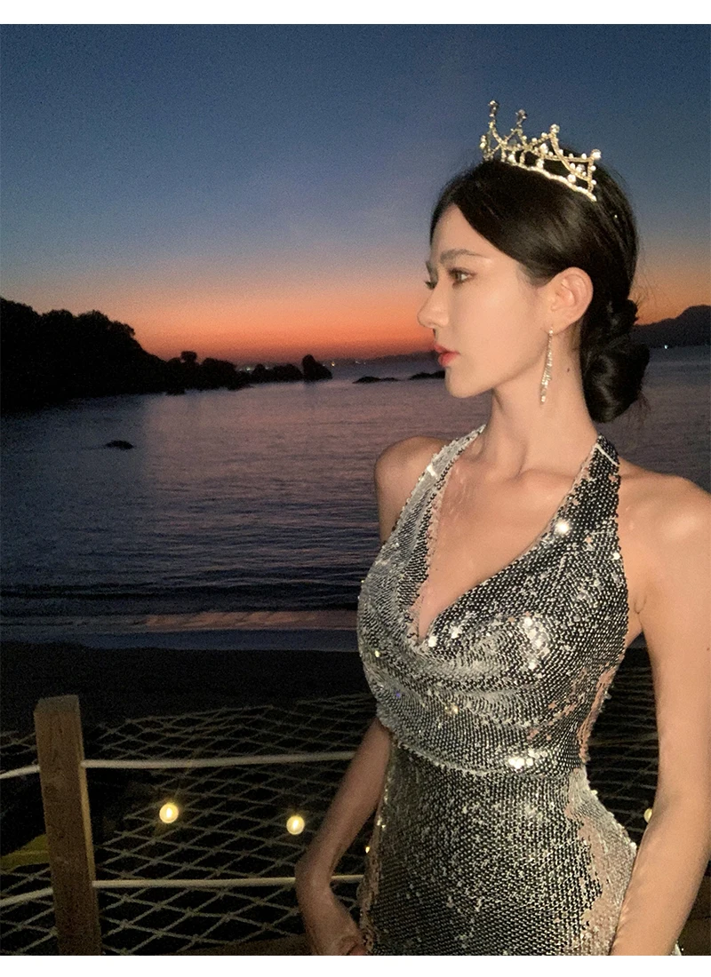 Sexy Bodycon Sequined Prom Robe V-neck Backless Sleeveless Evening Party Dress Wedding Slim Mermaid Long Dresses for Women New