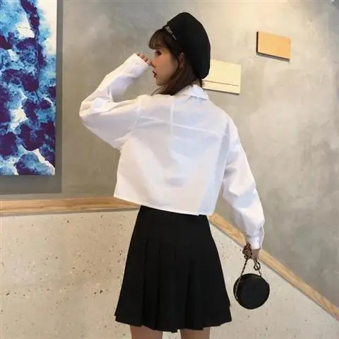 Oversize White Cropped Shirt Women Summer Short Sleeve Polo Neck Sweet Preppy Button Short Shirts Korean Female Blouses Blusa