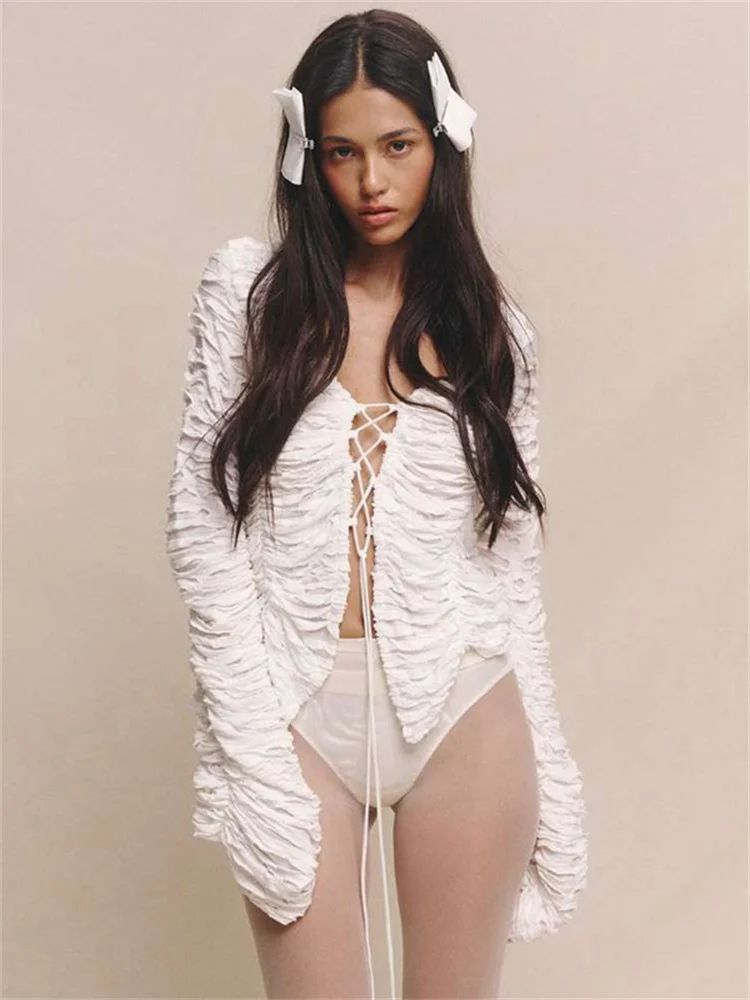 Autumn Fashion Ruffled T-shirt Cropped Top Female Hollow Out Lace-Up Patchwork Loose Outwear White Women Bandage Tee Coat