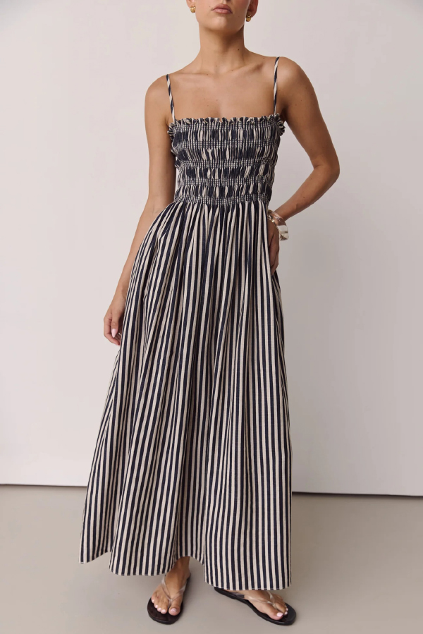 Striped Print Spaghetti Strap Pleated Pocket Casual Vacation Maxi Dress