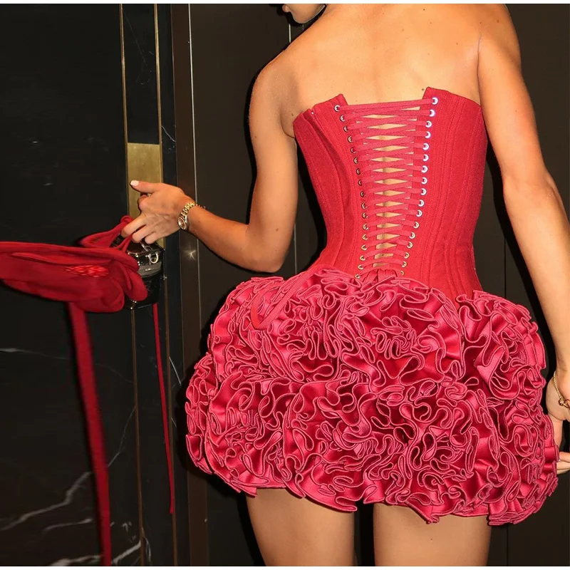 Christmas Red 3D Flowers Skirt Suit Women Bandage Adjustable Tube Top Floral Short Skirt Set Lady Party New in Matching Outfits