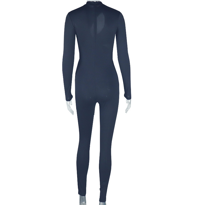 Elegant Women Wear Tight Fitting Solid Color Micro Elastic Jumpsuit Long Sleeved Trousers Hollow Out Cutout Mid Waist Thin Jumpsuit