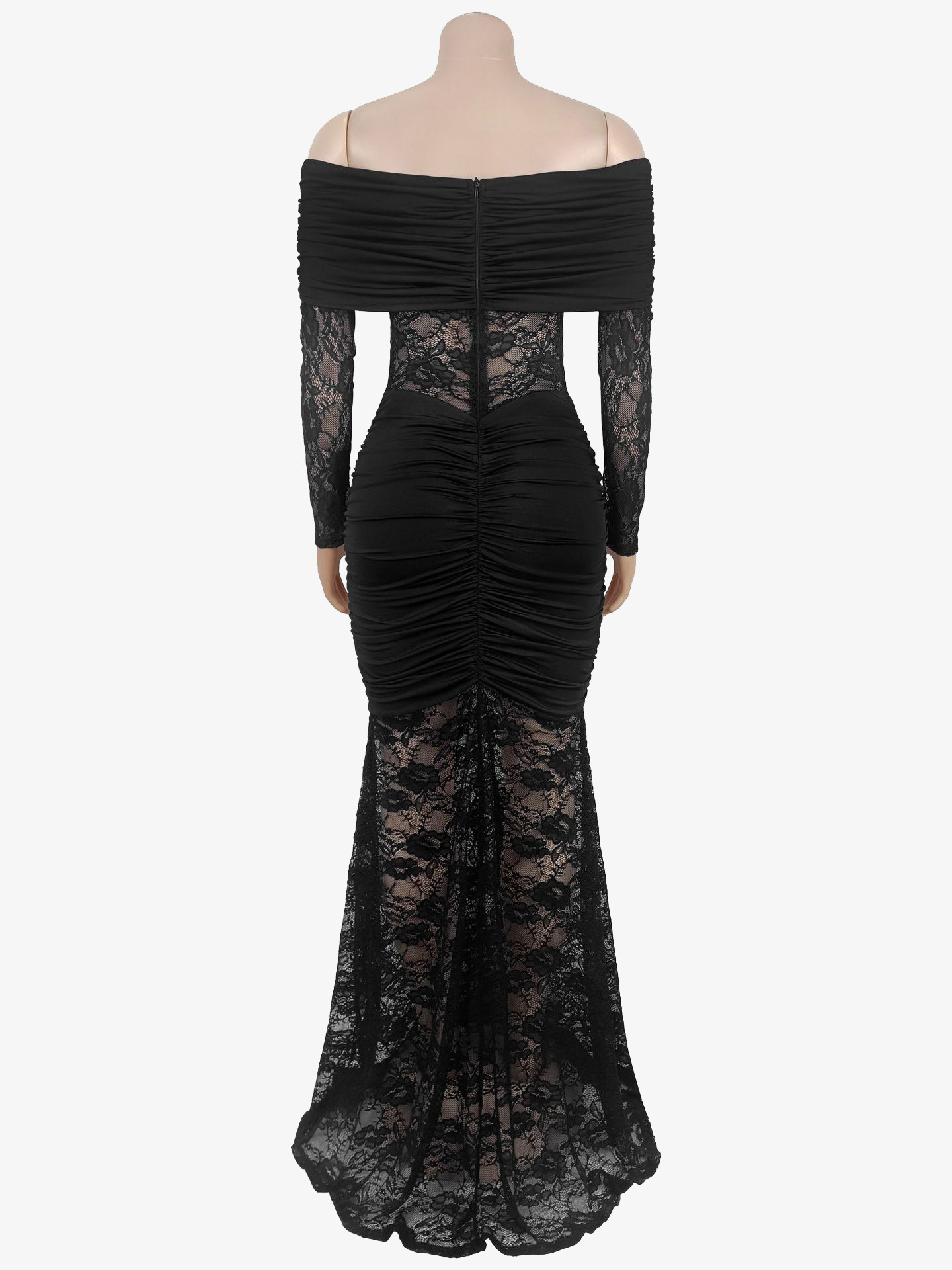 Off Shoulder Ruched Lace Sheer Panel Slim Fit Fishtail Long Gown For Women 2026