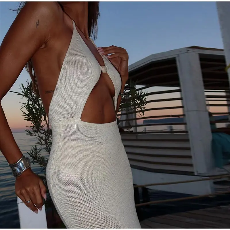 Women Knit Halter Maxi Dress Backless Lace Up V Neck Cutout Bodycon Long Dresses 2025 Summer Vacation Party Holiday Robes New