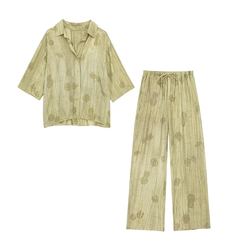 New Linen Tie-dye Print Long Pants Sets For Women Lapel Half Sleeve Single Breasted Shirts Drawstring Wide Leg Pant 2 Pieces Set