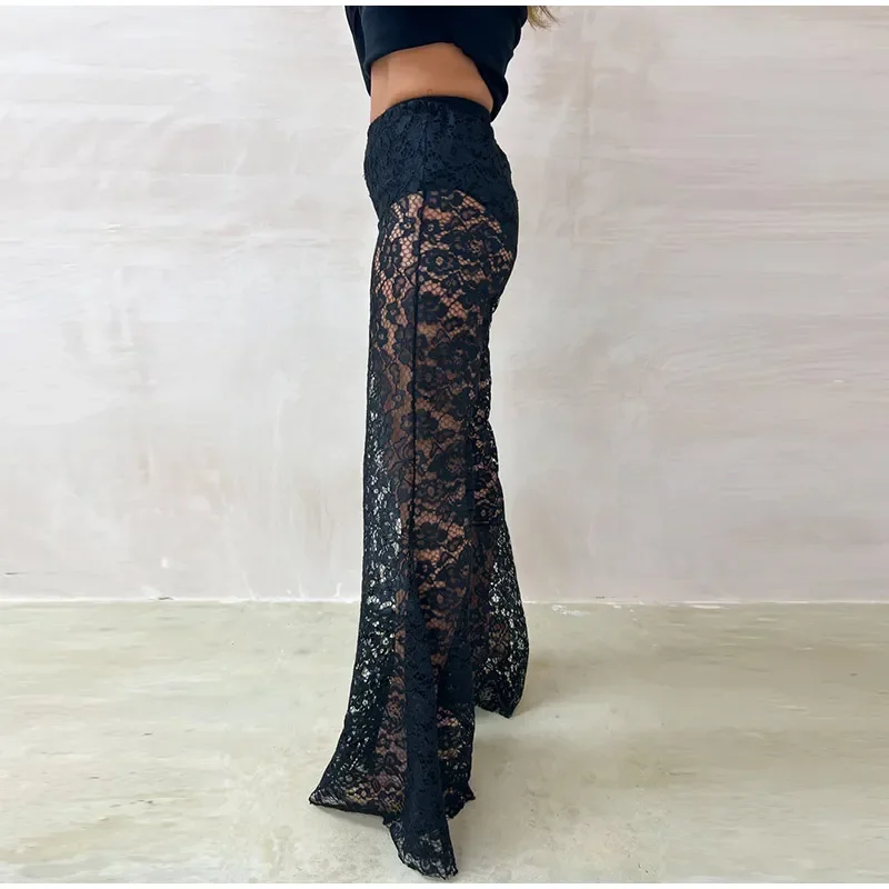 Sexy Lace Sheer Flare Pant Women Hollow Out Lady Vacation Long Trousers Female 2025 Spring Elastic High Waist Streetwear New
