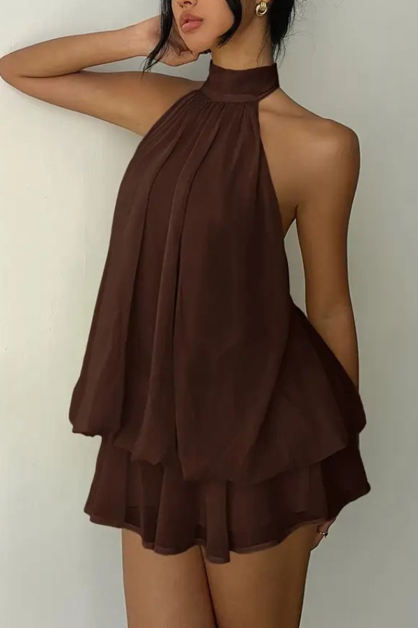 Fashionable Chiffon Halter Neck Backless Lace-up Casual Vacation Mini Dress