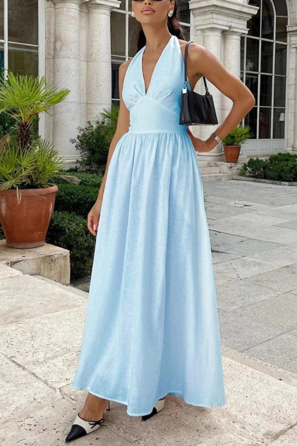 Solid Color Halter Neck Tie Elegant Backless Waist-cinching Maxi Dress