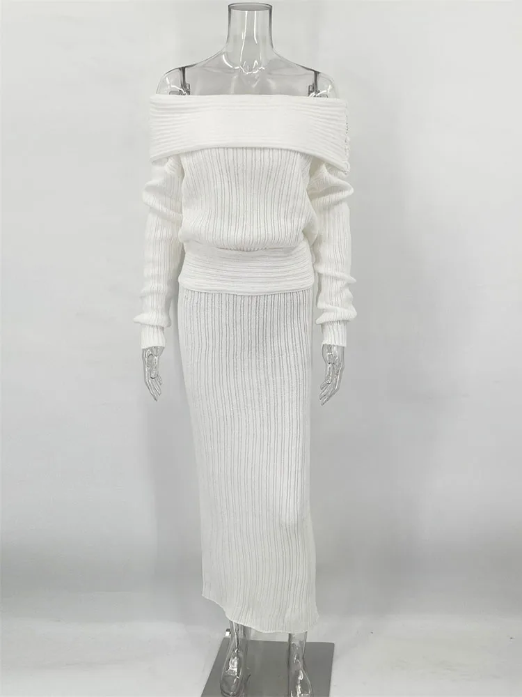 Knitted Skirt 2 Piece Set Women's One-Shoulder Long Sleeves Sweater Pullover Elegant Slim Fit Long Skirt Suit Autumn New
