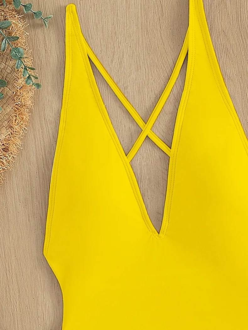 Solid V-neck One Piece Swimsuit for Women Sexy Cross Bandage Swimwear Backless Bathing Suit New Monokini