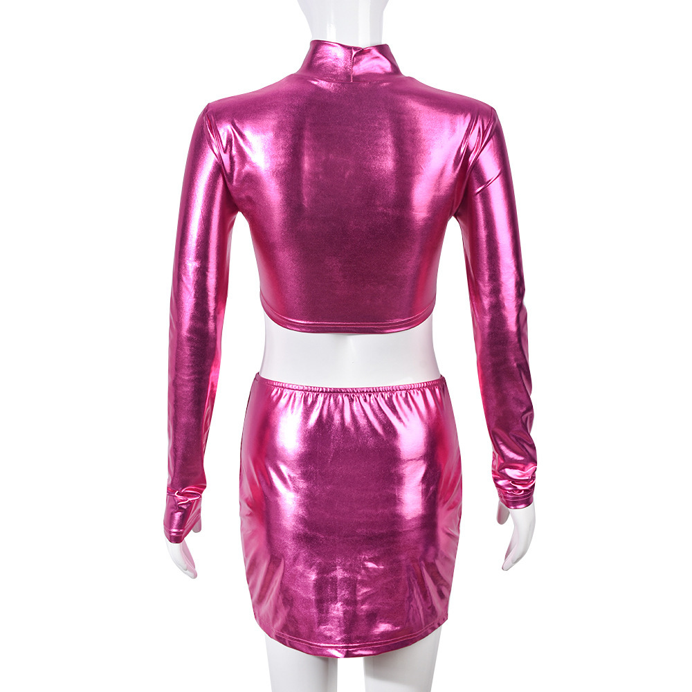 Metallic Coated Fabric Women Clothing Glossy Sexy Bare Cropped Slim Fit Hip Skirt Set