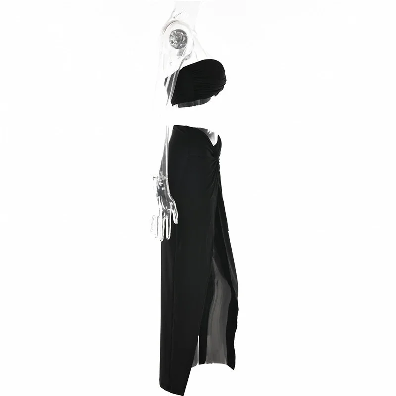 Elegant Strapless Sexy Two Piece Set Women Sleeveless Crop Top And High Split Skirt Matching Sets Party Dress Sets